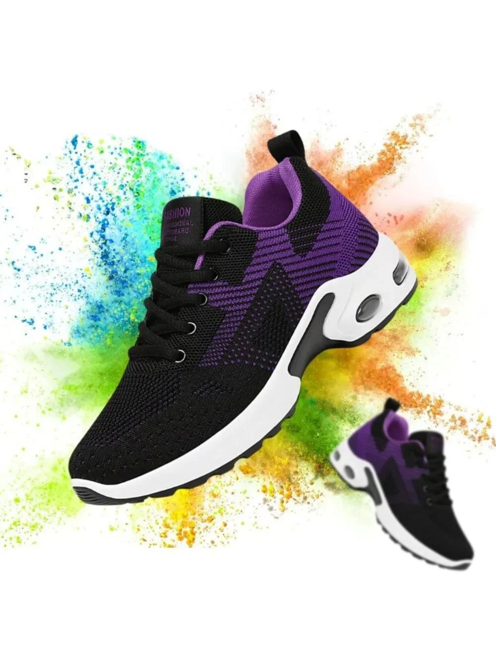 Women's Black Purple Lightweight Air Cushion Mesh Breathable Casual Sneakers